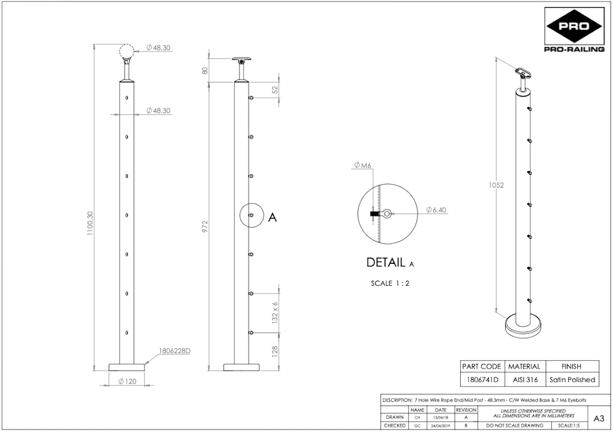 Pro Railing Wire Rope End Post - 48.3mm - C/W Welded Base & 7 M6 Eyebolts Decking Balustrades 4 Pro Railing Wire Rope End Post - 48.3mm - C/W Welded Base & 7 M6 Eyebolts Decking Balustrades